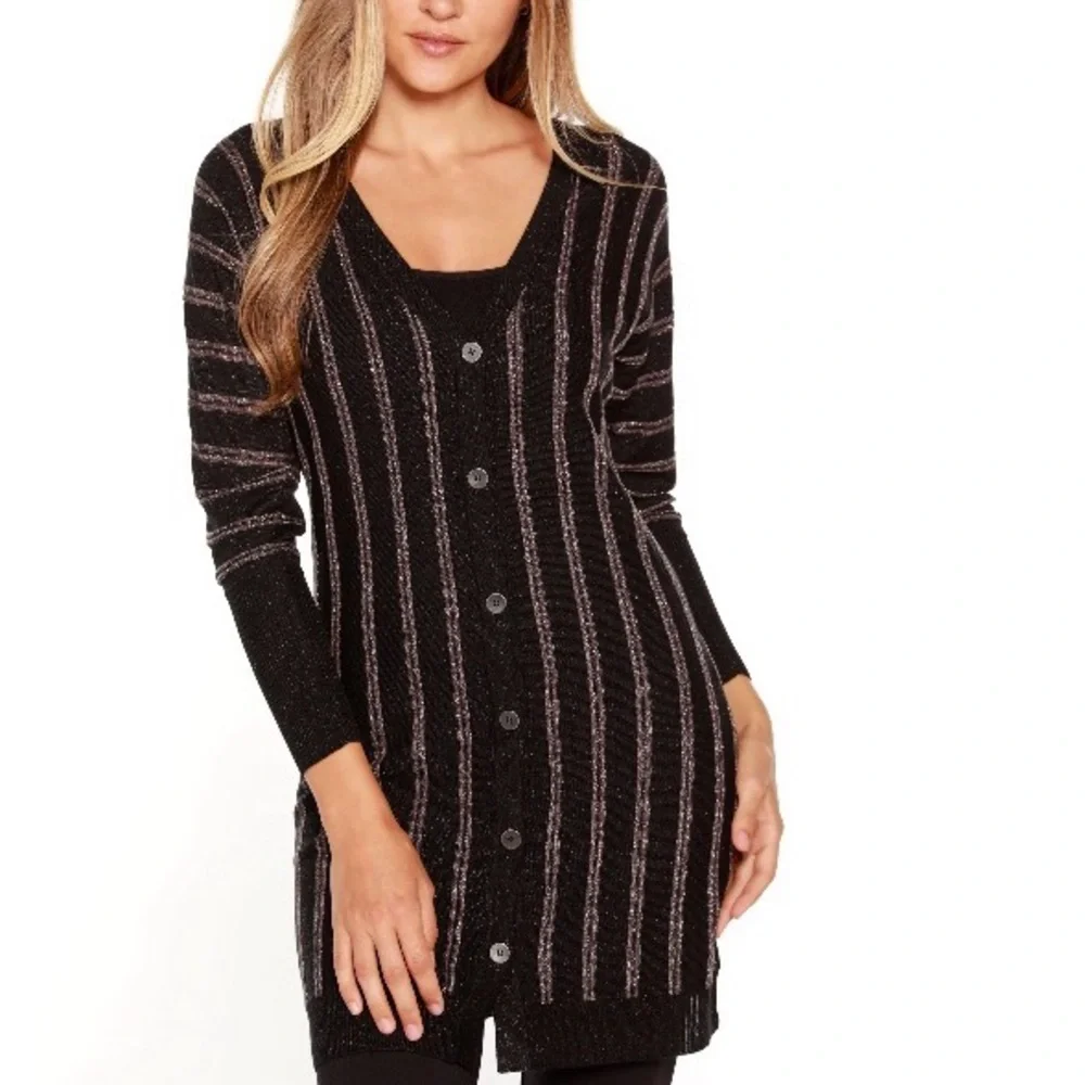 Belldini 2X long cardigan black silver knit sweater size 2X women’s button up